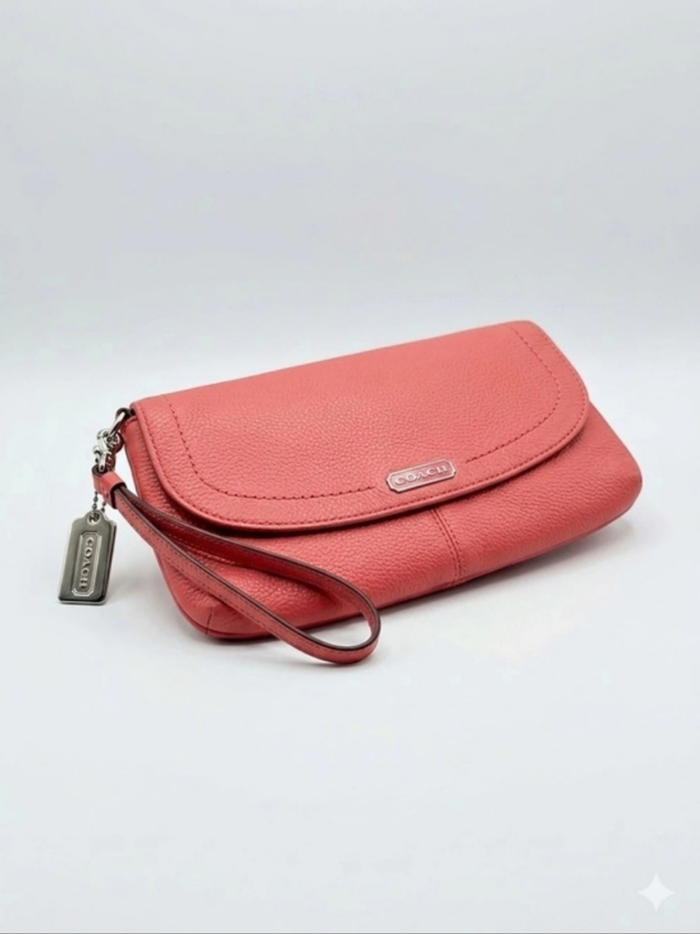 Coach Park Leather Large Flap Wristlet Clutch Coral Pink F49177